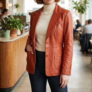 Newport News 100% Real Leather Blazer Jacket Red Size 8 Vintage